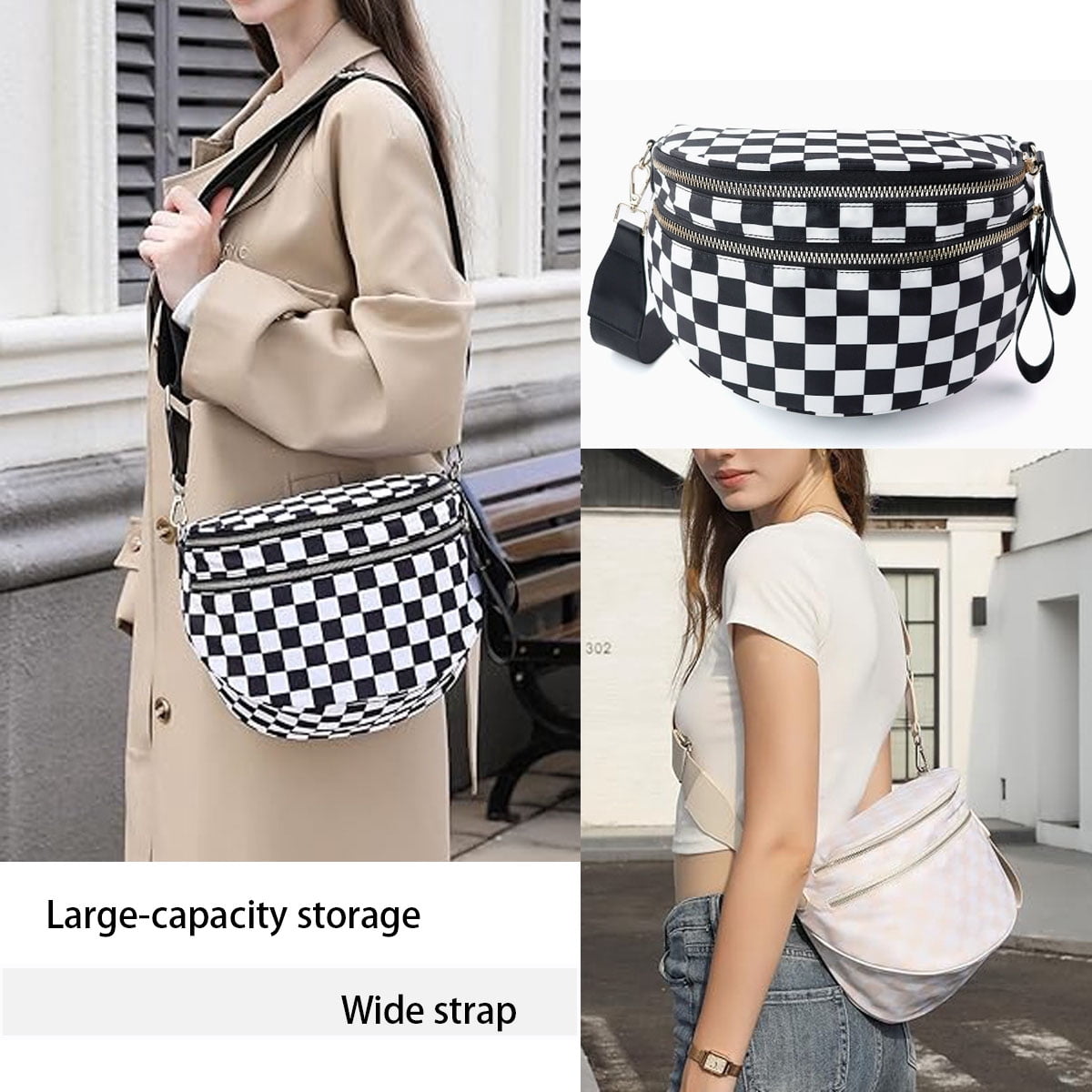 Nylon Bum Bags Plus Size Fanny Pack Sling Bag Belt Bag for Women Travel, Checkered Crossbody Bags for Women
