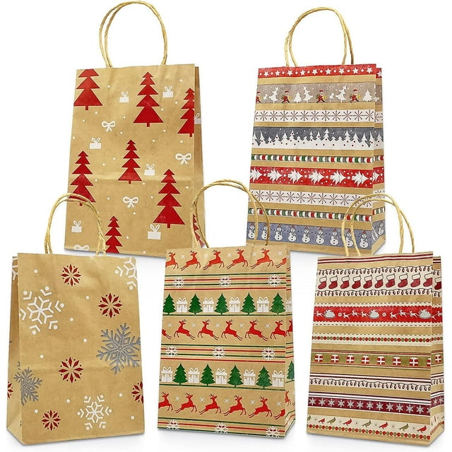 Kraft Christmas Gift Bags 20 Assorted Style Bags Christmas Paper Bags With Handles Christmas Gift Bags With Christmas Prints For Gift Wrapping Christm