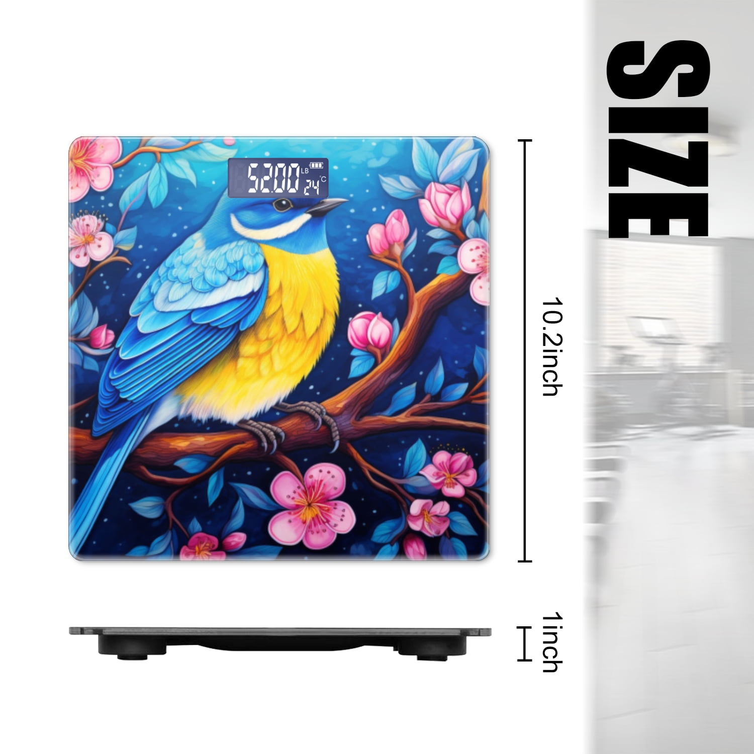 Bathroom Scale, Highly Accurate Digital Body Scale,Precisely Measures Weight up to 400 lbs-Blue And Yellow Bird Sitting On Cherry Blossom Tree With Pink Flowers