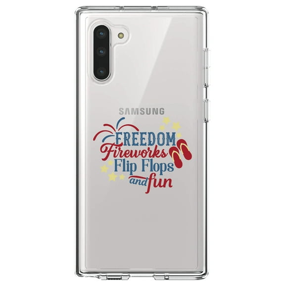 DistinctInk Clear Shockproof Hybrid Case for Samsung Galaxy Note 10 (6.3" Screen) - TPU Bumper Acrylic Back Tempered Glass Screen Protector - Freedom Fireworks Flip Flops & Fun