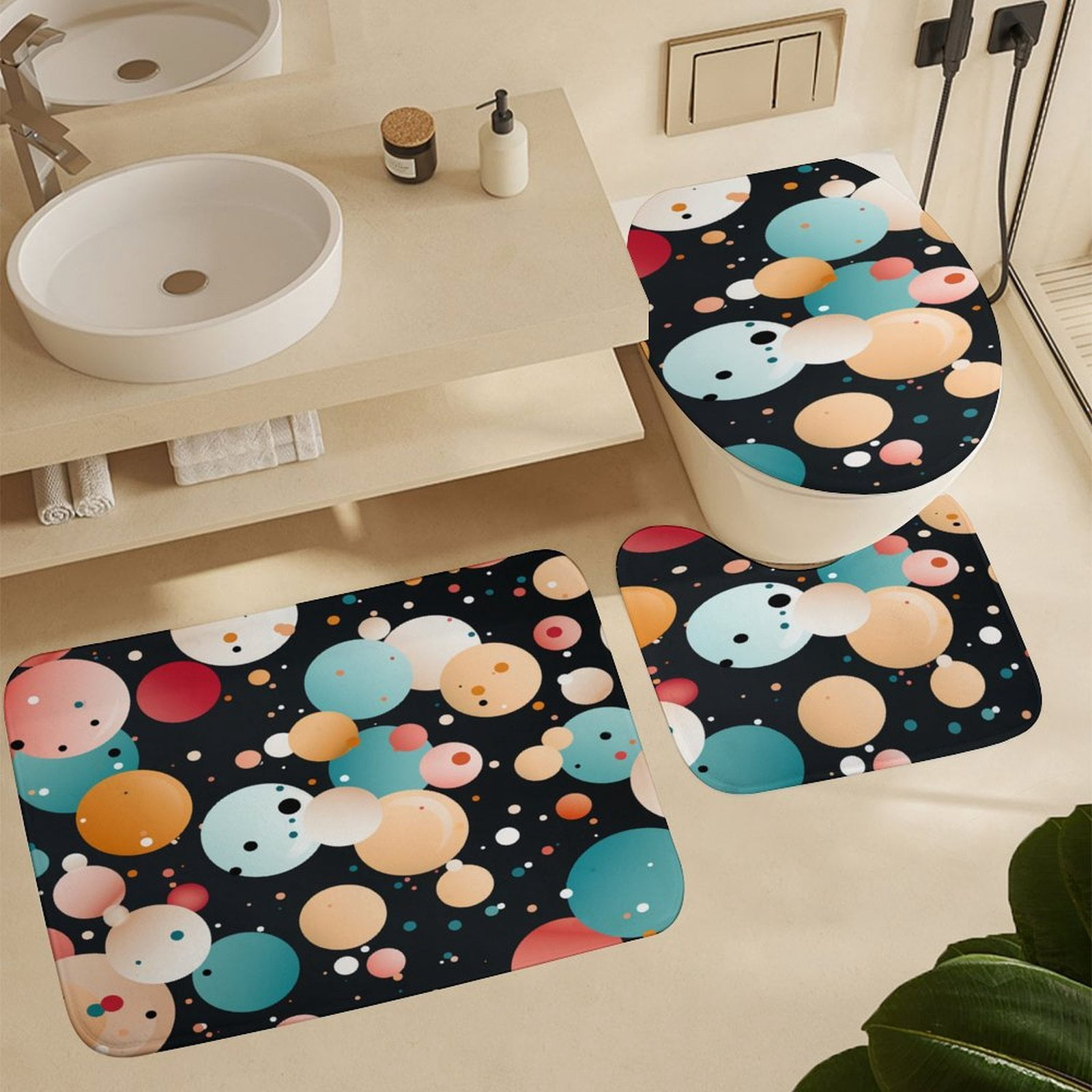 4 Piece Shower Curtain Sets with Non-Slip Rugs Toilet Lid Cover And Bath Mat Bathroom Decor Set Colorful Polka Dot Waterproof Personality Pattern Bath Curtain Spot Simple Structure Abstract