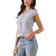 thumbnail image 4 of INSPIRE CHIC Women's Tweed Plaid Top V Neck Cap Sleeve Peplum Hem Blouse Blue XS, 4 of 6