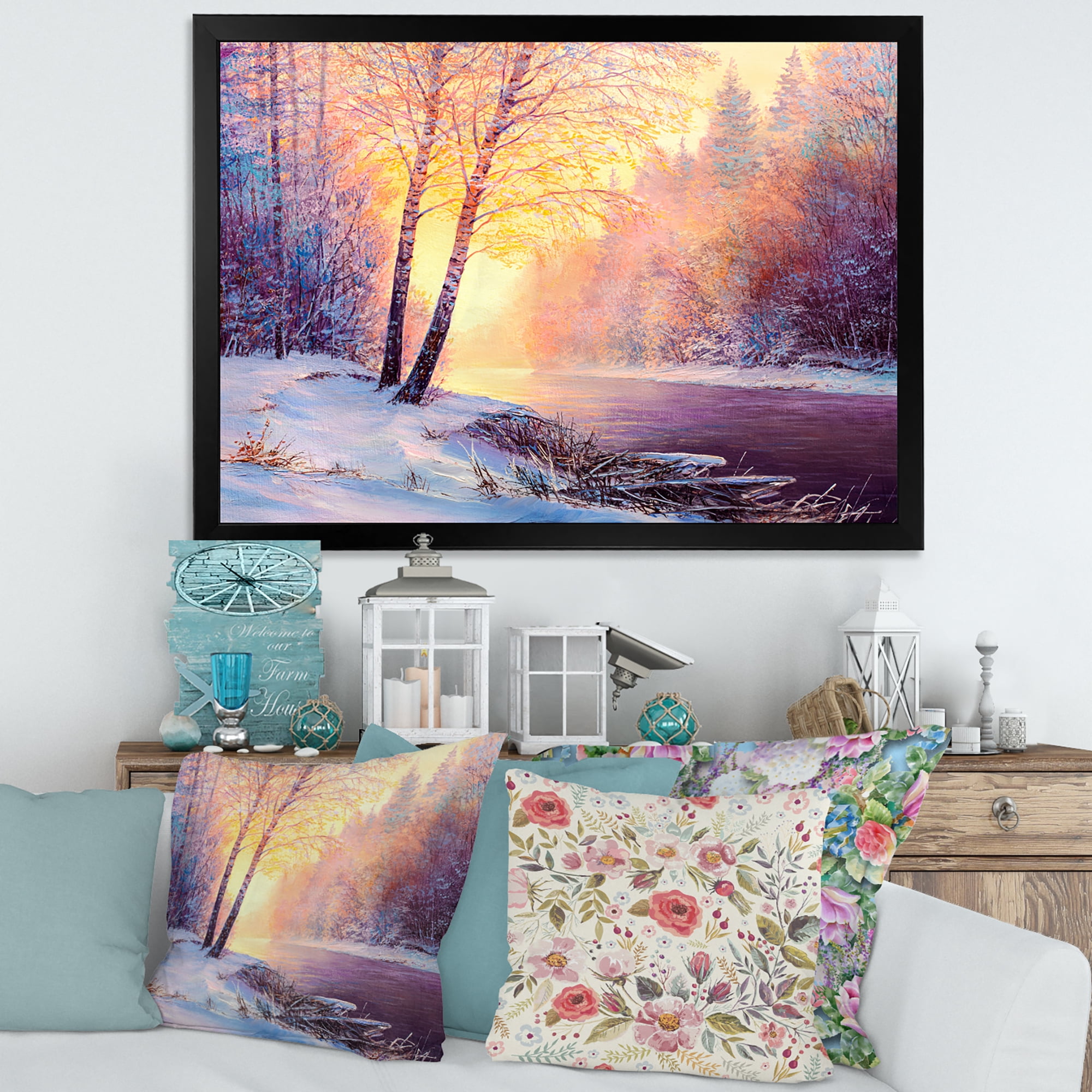 Bridge Of Meandering River With Winter Scenery II 32 in x 16 in Framed Painting Canvas Art Print, by Designart