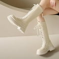 thumbnail image 2 of Lovskoo 2024 Women's Middle Mid Calf Boots Round Toe Platform English Style Thick Soles Lace-Up High Tube Dressy Biker Boots Beige, 2 of 8