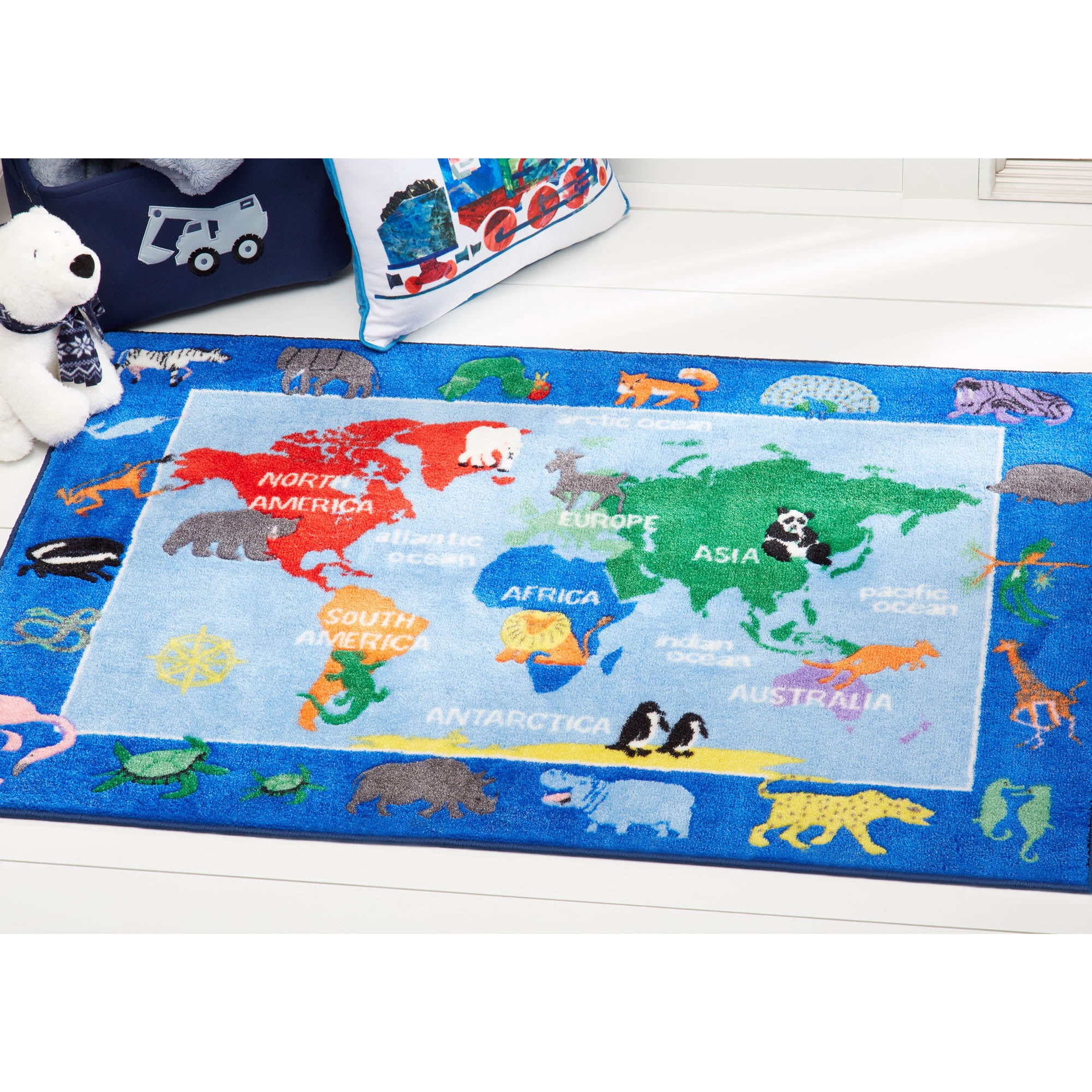 Eric Carle Elementary World Map Kids Area Rug Blue/Red, 35"x51" Rectangle