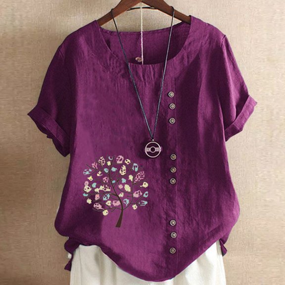 Womens T Shirts Printed Short Sleeved Plus Size Linen Tee Loose Fit Summer Tops 2026 Fashion