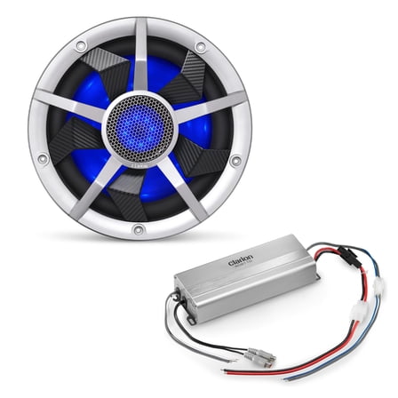 Clarion Marine Bass Bundle - CM2513WL 10" RGB LED subwoofer includes Black & Silver Grilles, Clarion Marine XC2110 Amplifier