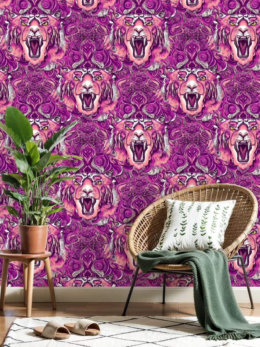 Peel and Stick Wallpaper Bold Tiger Face Pink Purple Mandala Wall Mural 23.6in x 9.8ft Self Adhesive Removable Wall Paper Renter Friendly Wallpaper for Nursery Bedroom Cabinets