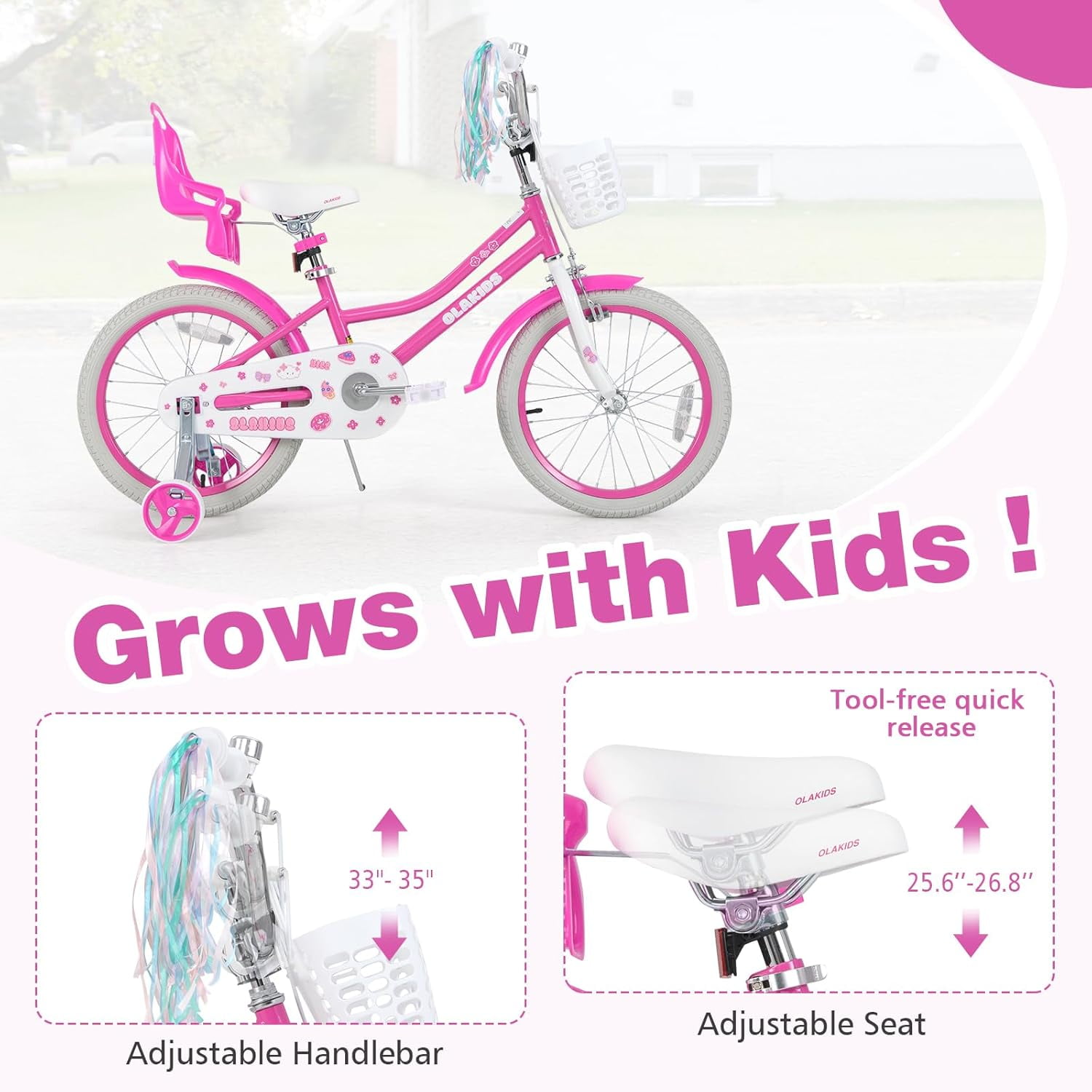 【aki】Worldwide Kids stage0 OLAKIDS 16 Inch Toddlers Bike with Training Wheels Doll Seat