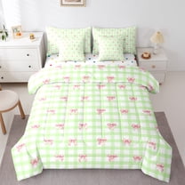 Homewish Kawaii Cartoon Bowknot Bedding Comforter Set 7-Piece for Girls, Dreamy Green Buffalo Plaid King Bedding Sets, Cute Bow-tie Reversible Bed Sheets, Microfiber Bedroom Decor