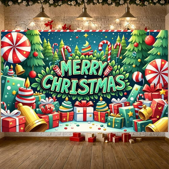 Colorful Design Merry Christmas Backdrop Holiday Theme Candy Cane Gift Decoration Winter Event for Holiday Party Christmas Celebration Indoor Decoration