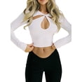 thumbnail image 2 of hirigin Women's Spring Autumn Slim Crop Tops Solid Color Long Sleeve Hollow Streetwear T-shirt, 2 of 4