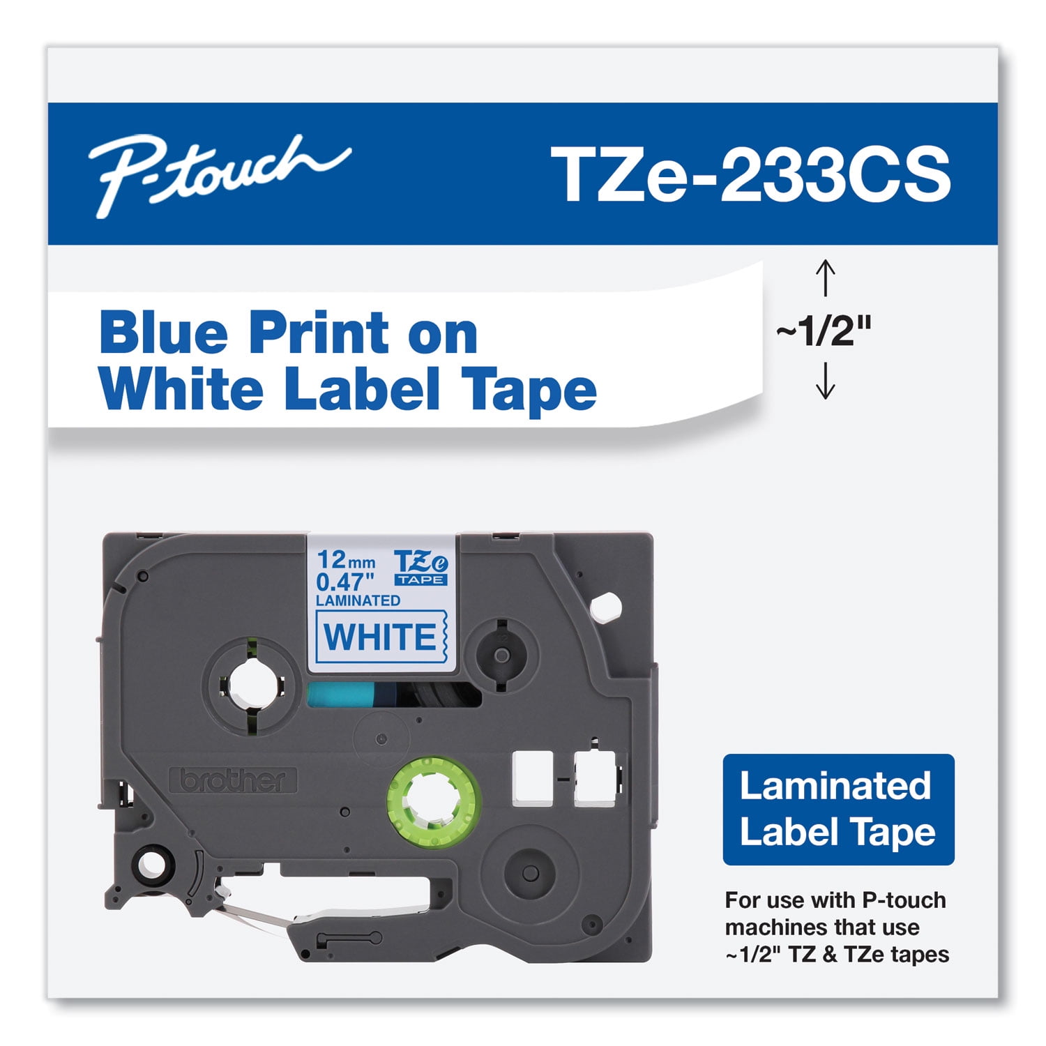 Brother Genuine P-touch, TZe-233CS, 0.47” x 26.2’, Blue on White Laminated Label Tape