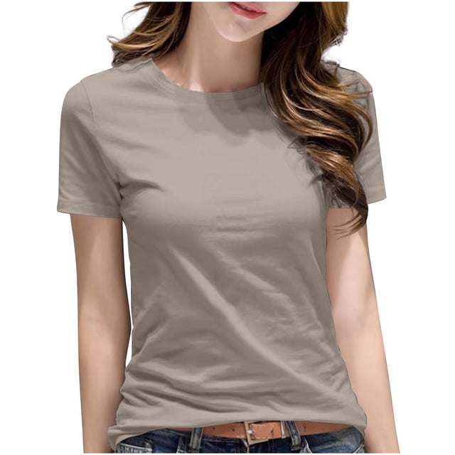 Hauts Basiques en Coton pour Femmes Grande Taille Manches Courtes T-Shirt Décontracté Classique Col Rond T-Shirts Kaki, TG