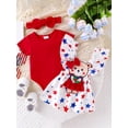 thumbnail image 4 of Michellecmm 4th of July Baby Girls Outfits Solid Color Short Sleeve Rompers Stars Print Suspender Skirts Headband 3Pcs Clothes Set, 4 of 9