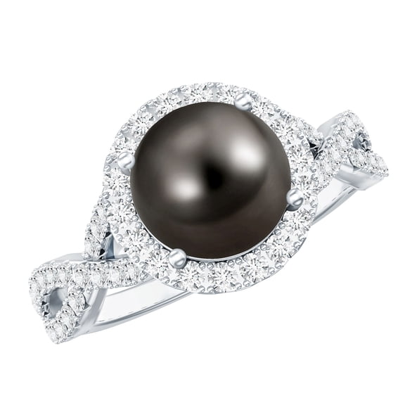 Rosec Jewels Genuine Tahitian Black Pearl Engagement Ring with Diamond - Crossover Ring (7.5 Carat, AAA Quality), 925 Sterling Silver, US 4.00