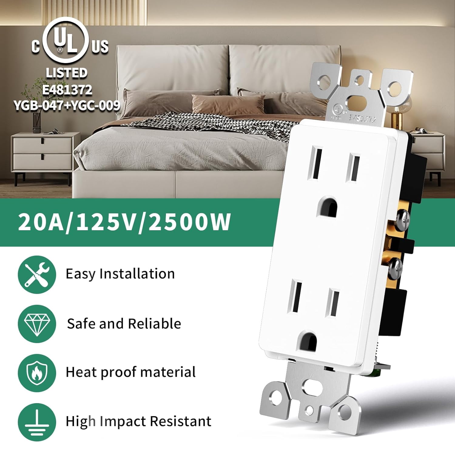 10 Pack - Standard Electrical Outlet 15 Amp, 2 Pole 3 Wire, Non-Tamper Resistant, NEMA 5-15R, Self-Grounding Residential Grade, UL Listed, White Decorator Receptacle with Wall Plate and Screw
