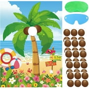 Hawaiian Luau Party Games for Kids Birthday Pin The Coconut on The Palm Tree for Summer Tropical Tiki Luau Party Supplies Decorations, Large Hawaiian Pin The Games Poster with 30 Coconut Stickers