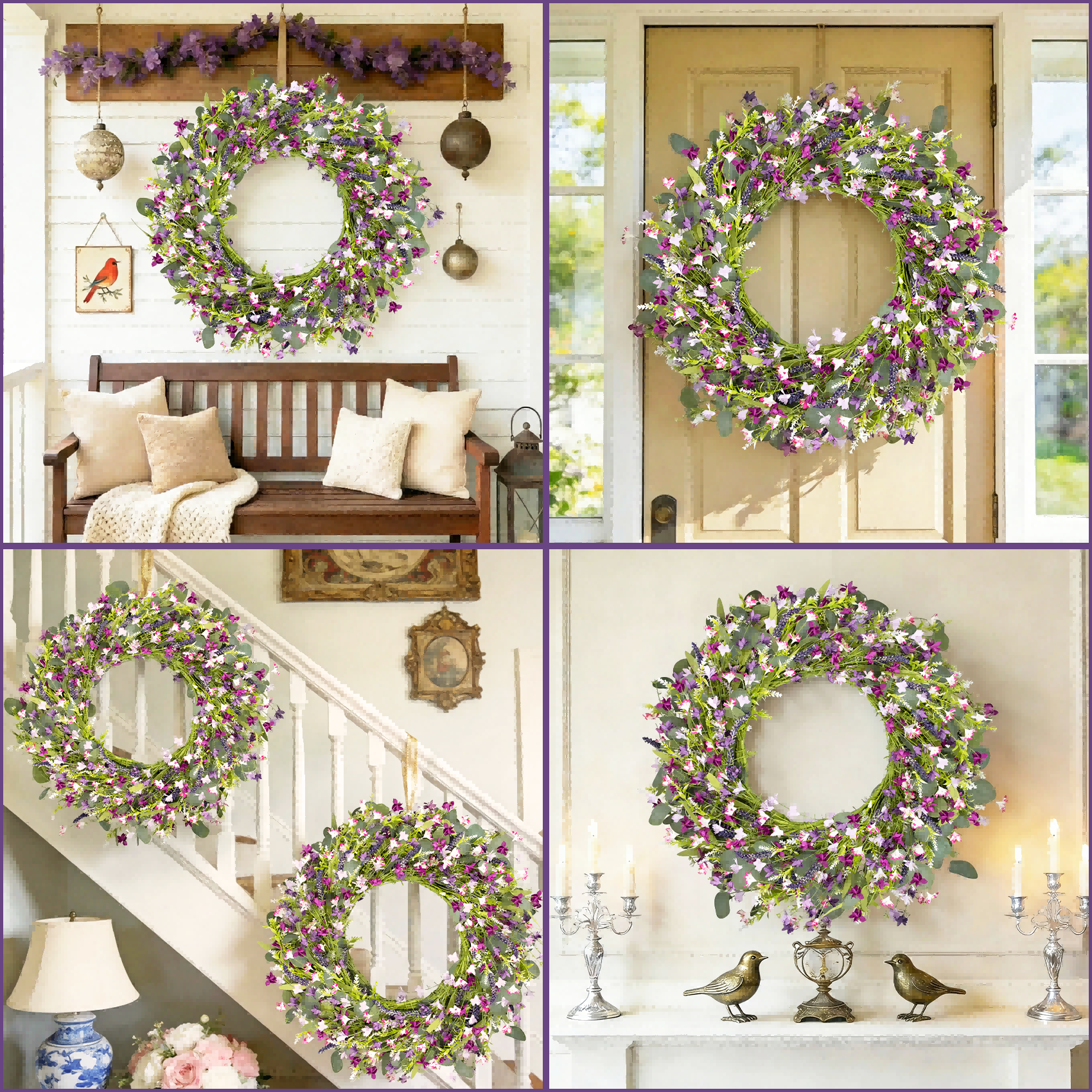 AcerichFad Spring Wreath Decor, 22 Inch Artificial Violet Lavender Wreaths for Front Door Porch Indoor Outdoor Home Spring Summer Decoration