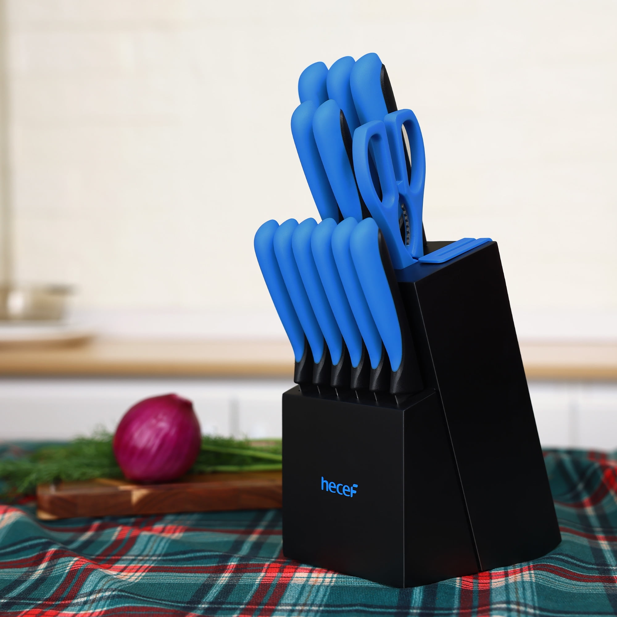 Hecef 13-Piece Knife Set with Block, High Carbon Steel Sharp Chef Knives with Build in Sharpener