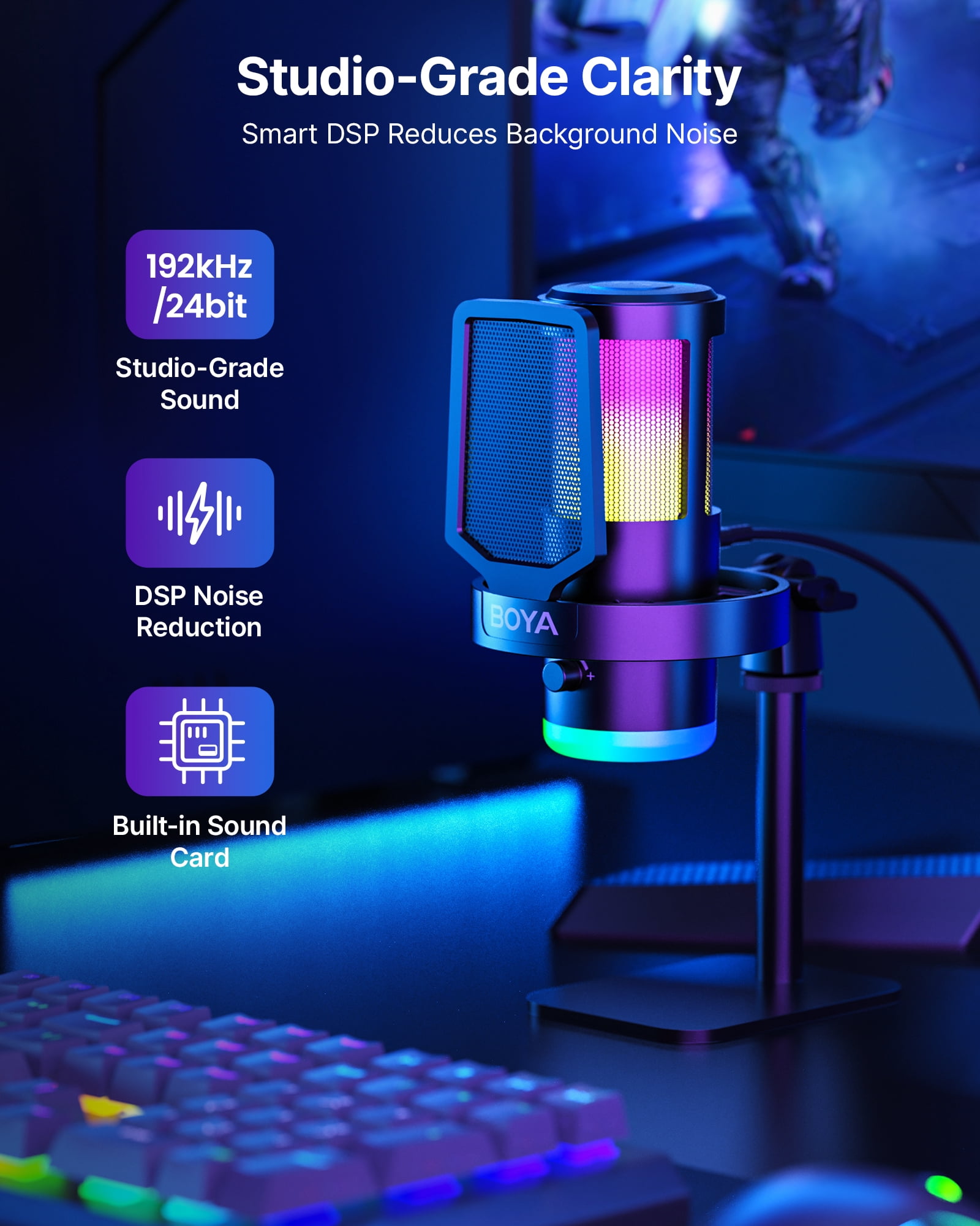BOYA USB Gaming Microphone for Windows, MasOS, Andriod, iOS, PS4, PS5, Streaming Microphone with 9 RGB, 3.5mm Headphone, Gain Knob, Mute Button, DSP Noise Reduction, (with Desktop Stand )