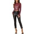 thumbnail image 2 of Allegra K Top for Women's Faux Leather Long Sleeve Mesh Sheer Corset XL Wine Red, 2 of 6