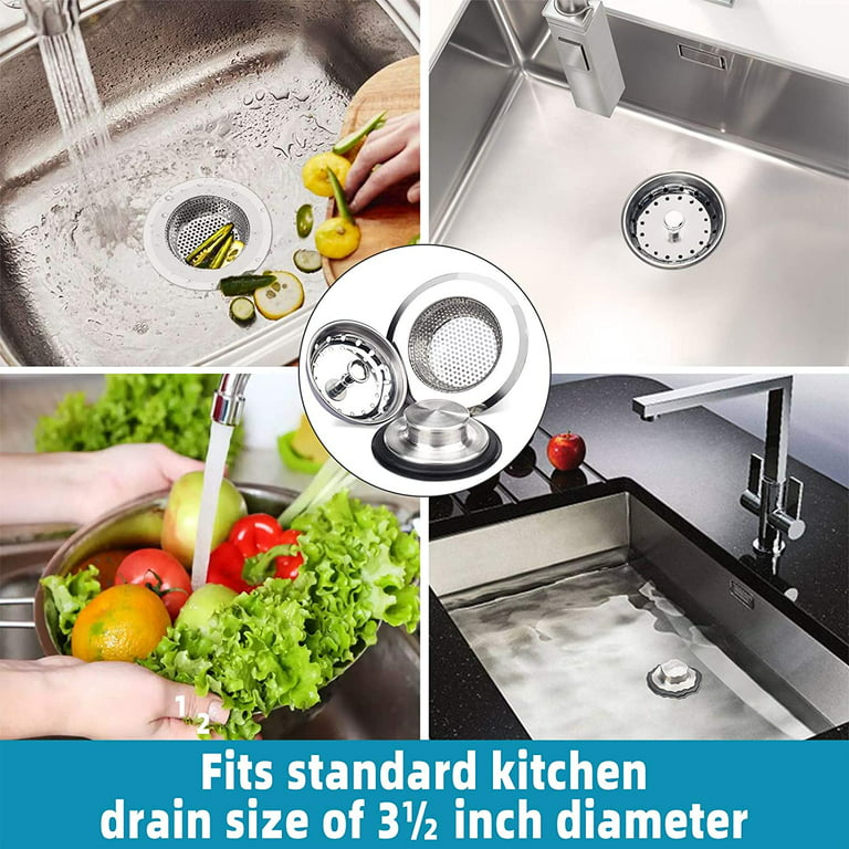 2 Pack Kitchen Sink Strainers, 1 Pack Anti-Clogging Kitchen Sink Stopper,  Stainless Steel Garbage Disposal Sink Plug for Most Standard 3-1/2 Inch