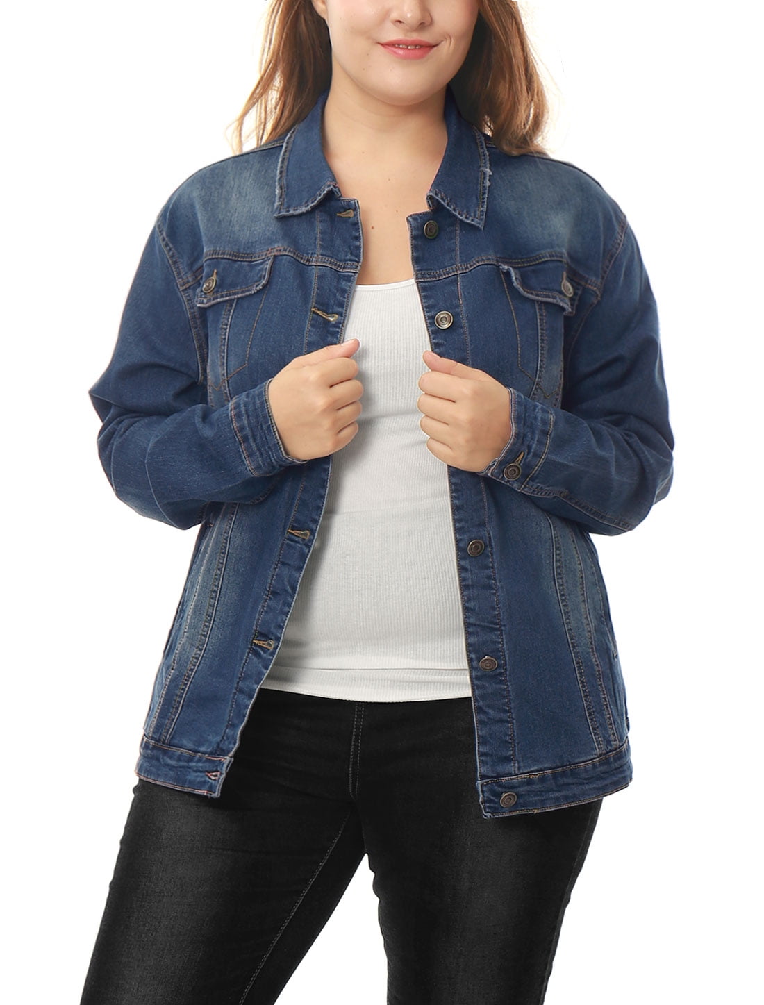 Women Plus Size Stitching Button Front Washed Denim Jacket Blue 3X