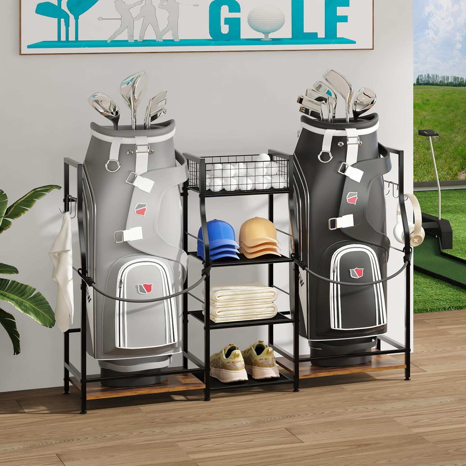 X-COSRACK Golf Bag Storage Organizer for Garage, Fits 2 Bags, Heavy-Duty Metal & Wood Equipment Stand with 3-Tier Shelves, Black