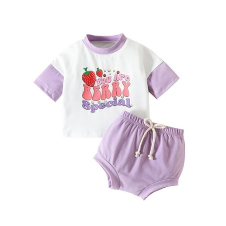 

QYZEU Cute Crop Tops for Kids Baby Wrap for Girls Toddler Girls Short Sleeve Cartoon Strawberry Letter Printed T Shirt Tops Shorts Outfits