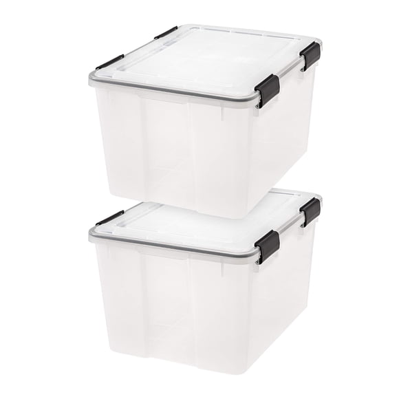 Contenedores de almacenamiento IRIS USA WeatherPro de 47 cuartos de galón con tapas, paquete de 2, transparentes/negros