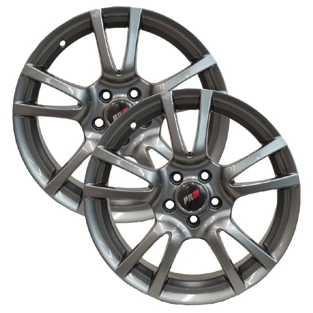 rin 16 deportivo 5 birlos gris jetta, golf, corolla, ibiza Rin 16x7 5-100 PRW mod P753 ET35 CB73.1 color gris, vista frontal 3/4 de dos rines de aluminio de 7 radios dobles con cinco orificios de birlos, centro con logo PRW, acabado metalizado liso; también suele usarse para personalizar vehículos compactos y mejorar estética.