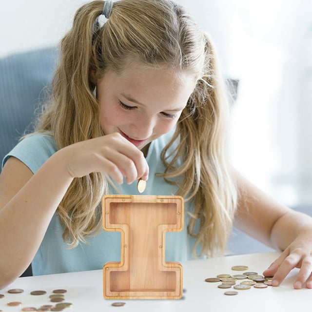 weibbin Wooden Money Bank Personalized Letters Coin Bank Text Engraved Money Box Wooden Coin Bank Gift for Kids Christmas Birthday Gift Home Decoration, Twenty Six English Letters