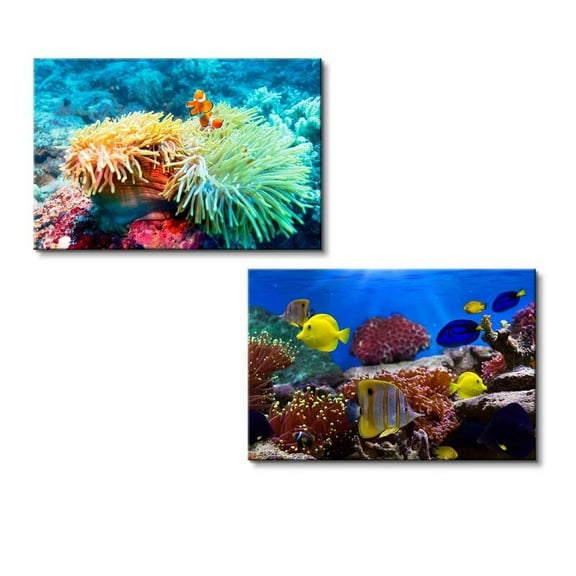 Canvas Wall Art - Coral Reef and Tropical Fish Under The Sea | Modern Home Art 2 Panel Canvas Prints Giclee Printing & Ready to Hang - 16"x24" x 2 Panels