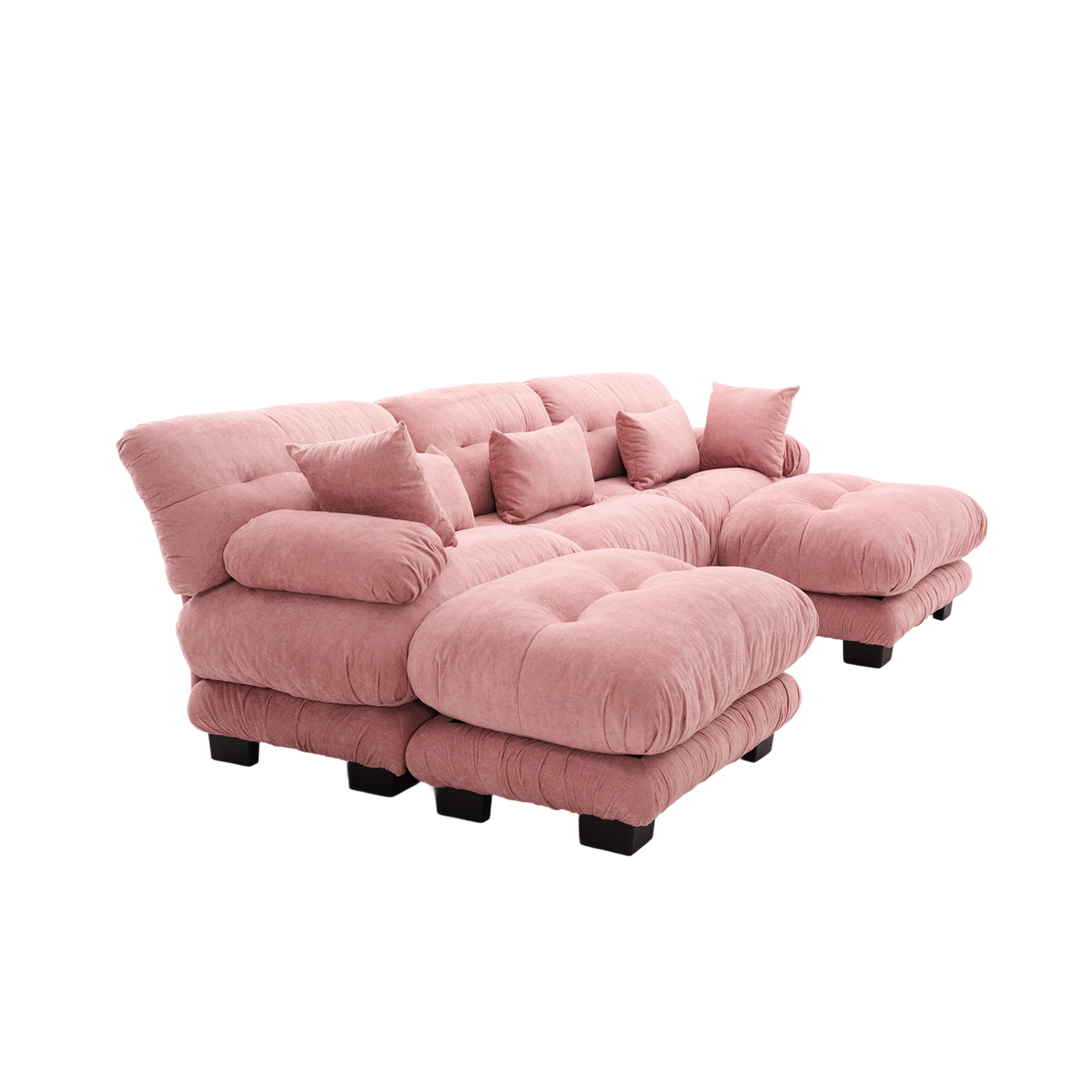 Noble House 3-Seater U-Shape Cloud Couch, Pelletized Velvet Sectional Sofa with Ottomans, Bolster Armrests, Pink