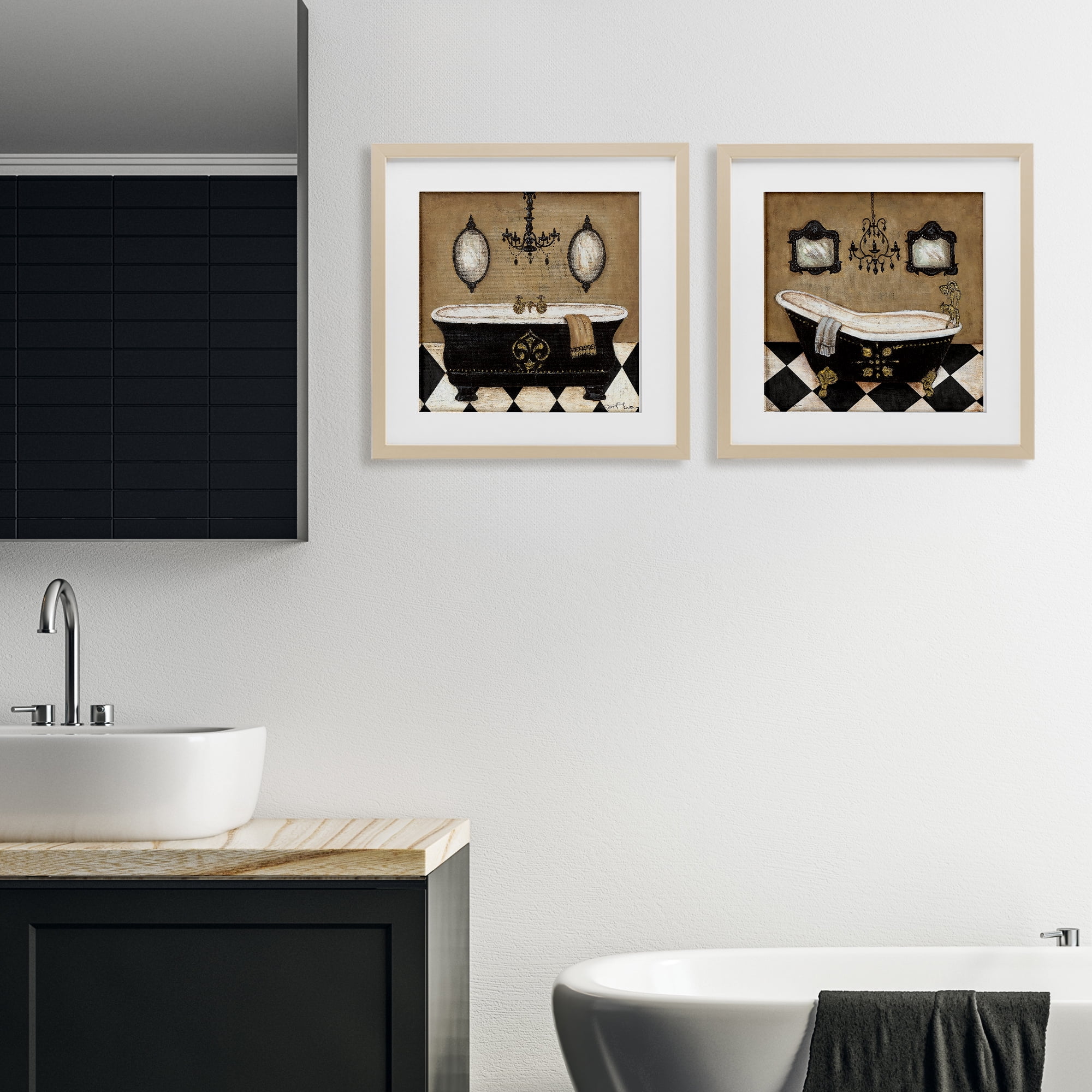Stupell Industries Elegant Bathroom with Chandeliers 2 Piece Birch Framed Print Under Glass Set, design by Janet Tava