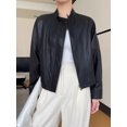 thumbnail image 2 of Chaqueta de cuero genuino de gran tamaño para mujer, tendencia 2024, dobladillo con cordón, cuello alto, abrigos de piel de oveja real para motocicleta, 2 of 5