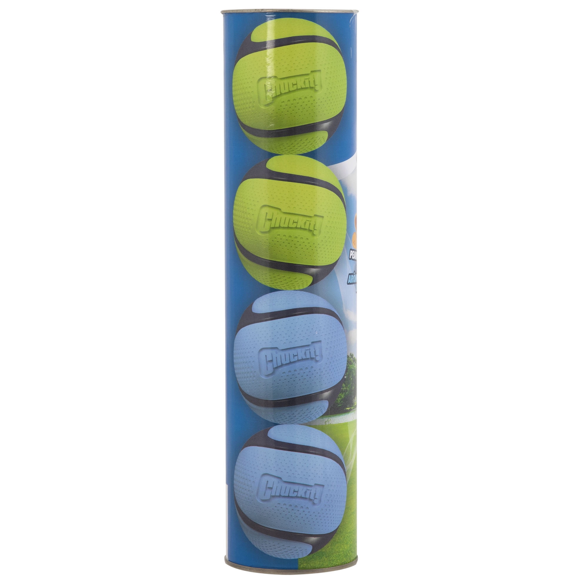 Chuckit! Sniff Scented Fetch Dog Balls Canister, Peanut Butter and Bacon Scented Rubber Toy for Dogs, Medium 2.5" for Pets 20 to 60 lbs, Pack of 4