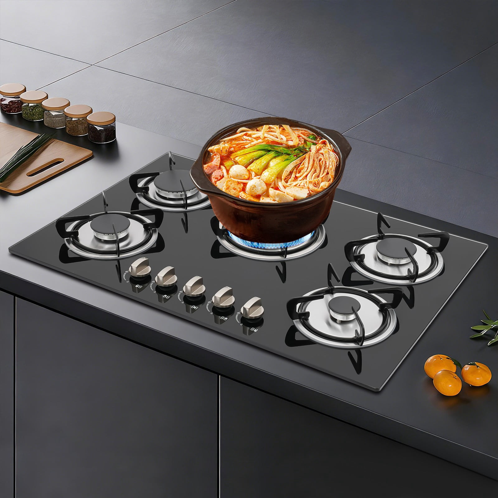 77*51*7cm Built-in Natural Gas Cooktop Stove 5 Burner Countertop Tempered Glass for Homes Restaurants