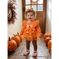 thumbnail image 6 of 2 Pcs Infant Girl Halloween Outfit Ruffle Long Sleeve Neck Pumpkin/Ghost Embroidery Romper Dress and Headband Set, 6 of 10
