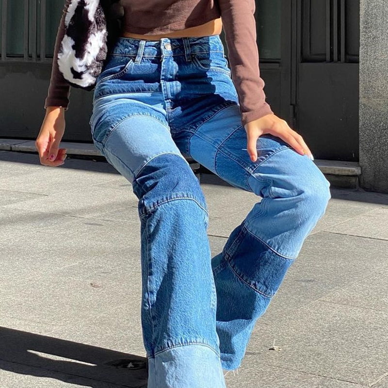 Women Patchwork Jeans High Waisted Straight Leg Stretch Denim Pants Girls Fashion Color Block Patch Jeans 