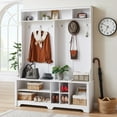 thumbnail image 3 of White Hall Tree Entryway Bench with Coat Rack and Shoe Cubbies for Organized Storage in Entryway or Bedroom, 59.8" W x 15.8" D x 76.8" H, Multifunctional Design, Easy Assembly, 3 of 9
