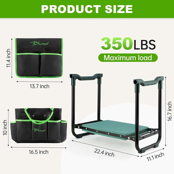 Garden Kneeler and Seat - 2-in-1 Heavy Duty Garden Stool & Thick Kneeling Pad with Tool Pouch, Foldable Garden Bench for Planting, Weeding, Seniors, Women (350lbs Capacity)