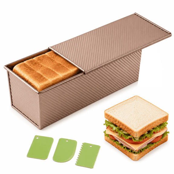 2.2lb Pullman Loaf Pan with Sliding Lid — 13×4 Inch Nonstick Corrugated Carbon Steel Bread Mold for Sandwich Bread & Sourdough, Gold