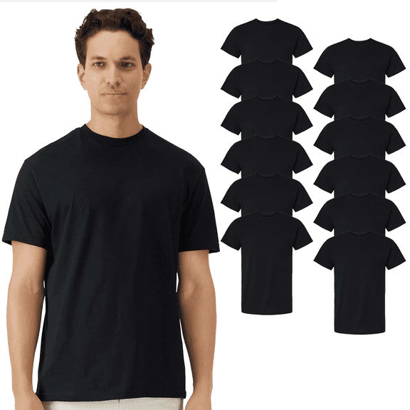 Gildan Classic Fit Men's Black T-Shirt, Light Cotton 12 Pack Short Sleeve Crewneck Bulk Tee, L