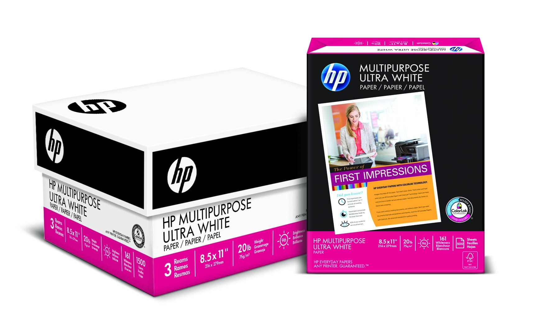 HP Multipurpose Ultra White Paper 8.5" x 11" 20lb 92 Bright (12530PLT) 1500 Sheets per Carton-112 Cartons per Pallet-168,000 Sheets Total. Made in USA