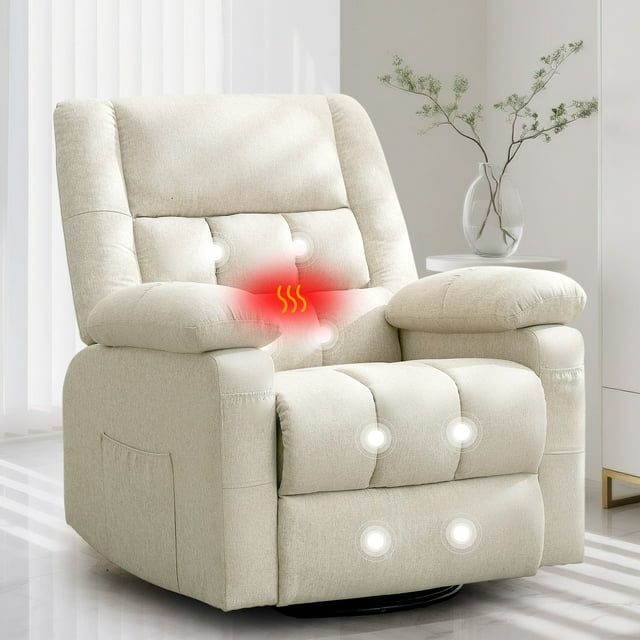 Korser Fauteuil Inclinable Pivotant à Bascule avec Massage en Lin pour Salon, Beige