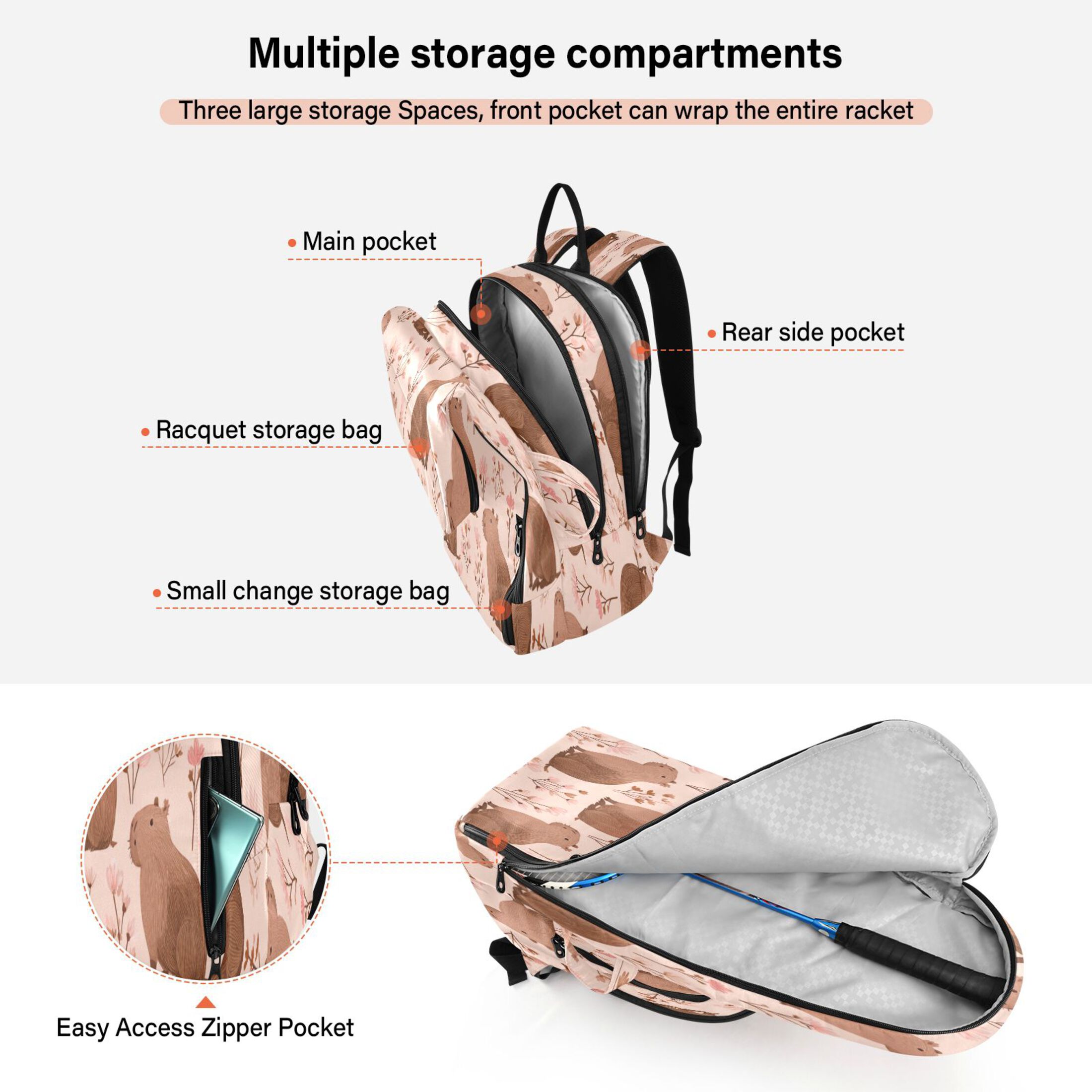 2 Racquet Holder Tennis Backpack Tennis Racket Covers Gym Bags Cute Brown Capybara Pattern