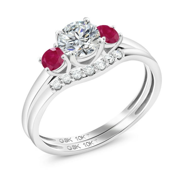 Gem Stone King 10K White Gold Lab Grown Diamond and Red Ruby Bridal-Sets Ring for Women | 0.87 Cttw | Round 5MM | Gemstone April Birthstone | Size 8
