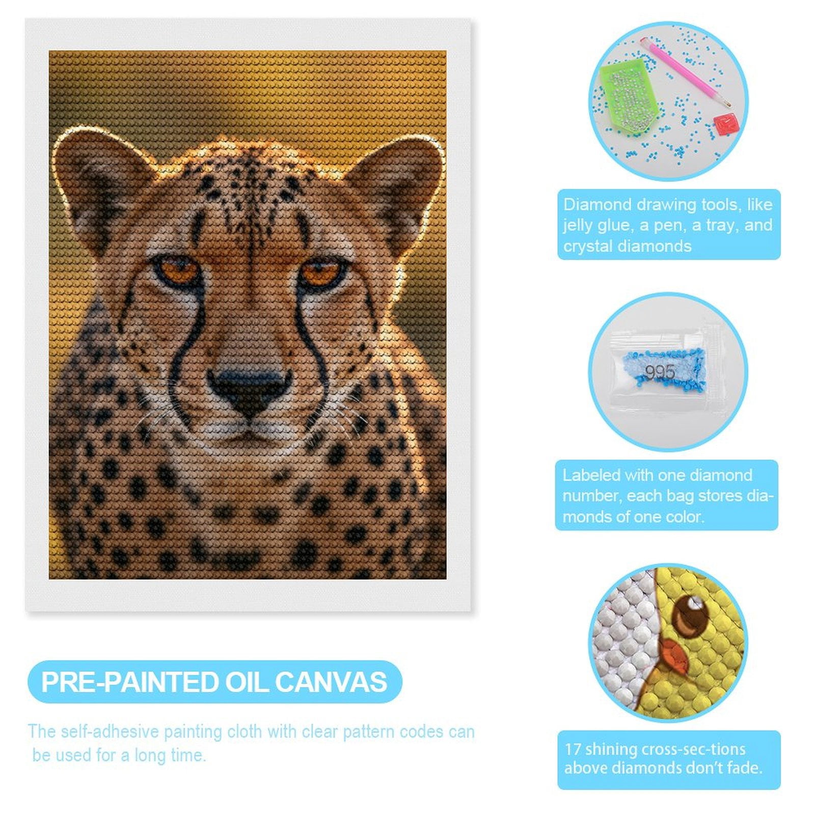 Diamond Art Kits for Adults, Cheetah Face Closeup Amber Eyes 5D Diamond Painting Kits for Adults Beginners, DIY Full Drill Diamond Painting, Gem Art and Crafts 12x16
